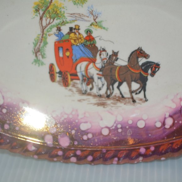 Gray's Pottery Lusterware Plate Dish Oval Stoke On Trent England Horse Carriage - Picture 3 of 9